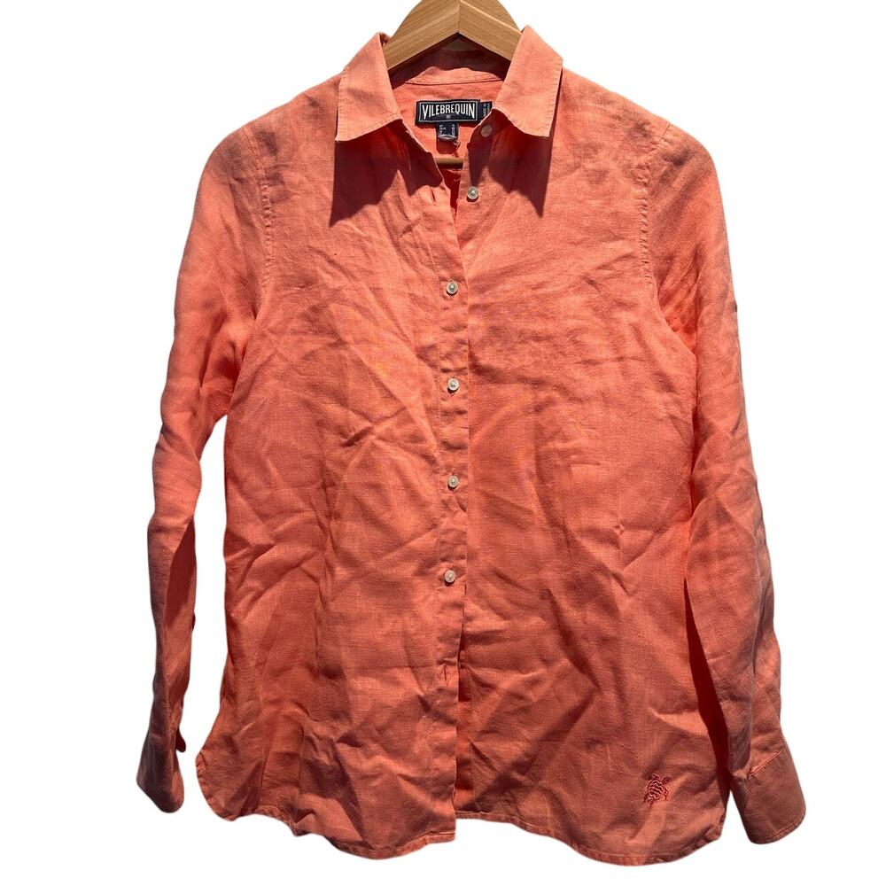 Vilebrequin Women’s peach coral preppy Buttoned Down 100% Linen Shirt Size M